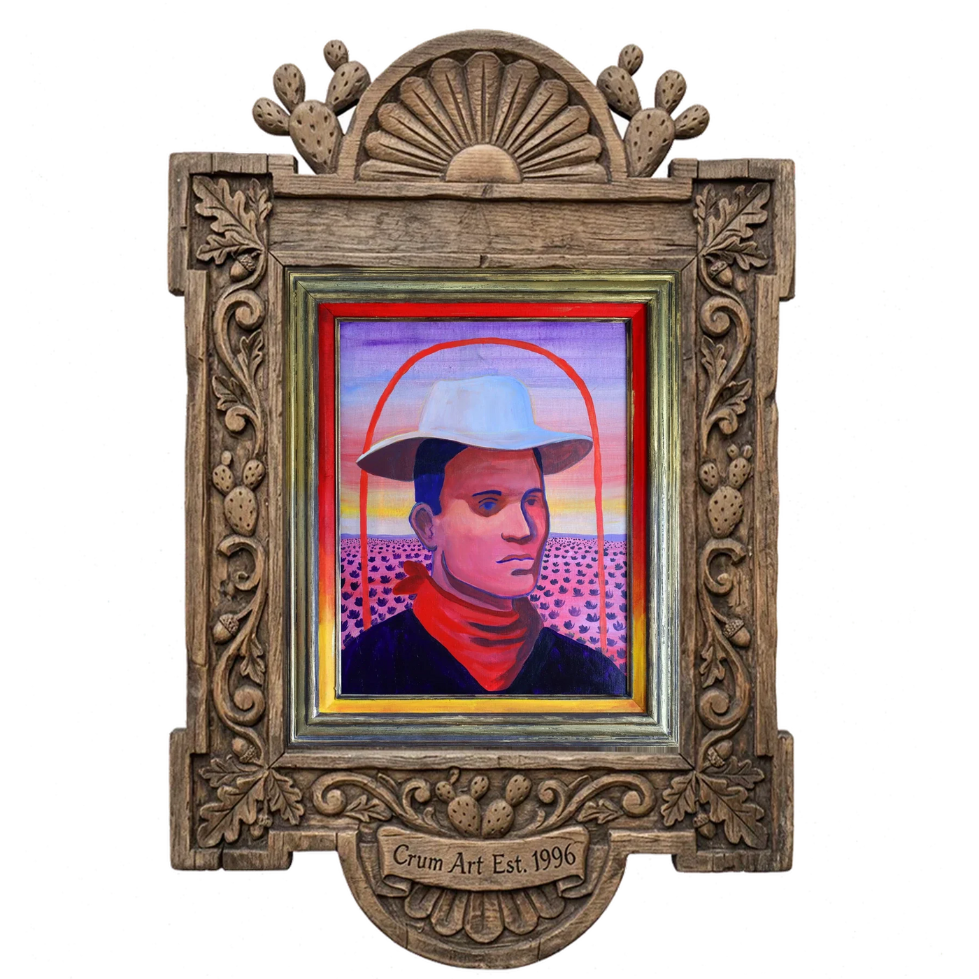 JY Crum Cowboy Portrait — cowboy art print by Caya Crum in a carved wood frame