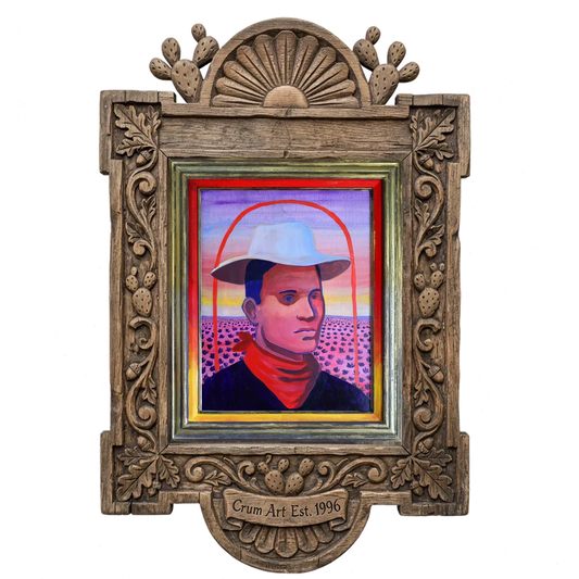 JY Crum Cowboy Portrait — cowboy art print by Caya Crum in a carved wood frame