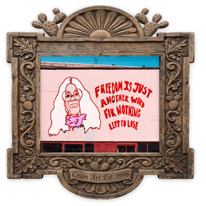 Janis Joplin Mural — music art print by Caya Crum in a horizontal carved wood frame