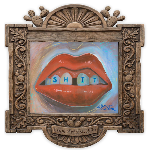Gap Toothed Lips — weirdcore art print by Caya Crum in a horizontal carved wood frame
