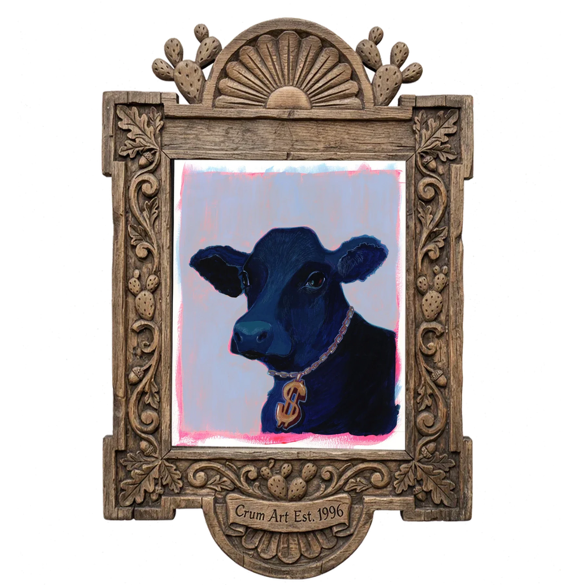 Money Cow Pink Pop Art — cow art print by Caya Crum in a carved wood frame