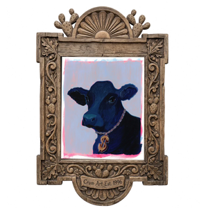 Money Cow Pink Pop Art — cow art print by Caya Crum in a carved wood frame