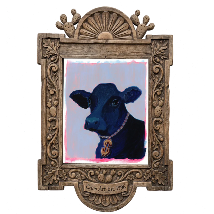 Money Cow Pink Pop Art — cow art print by Caya Crum in a carved wood frame