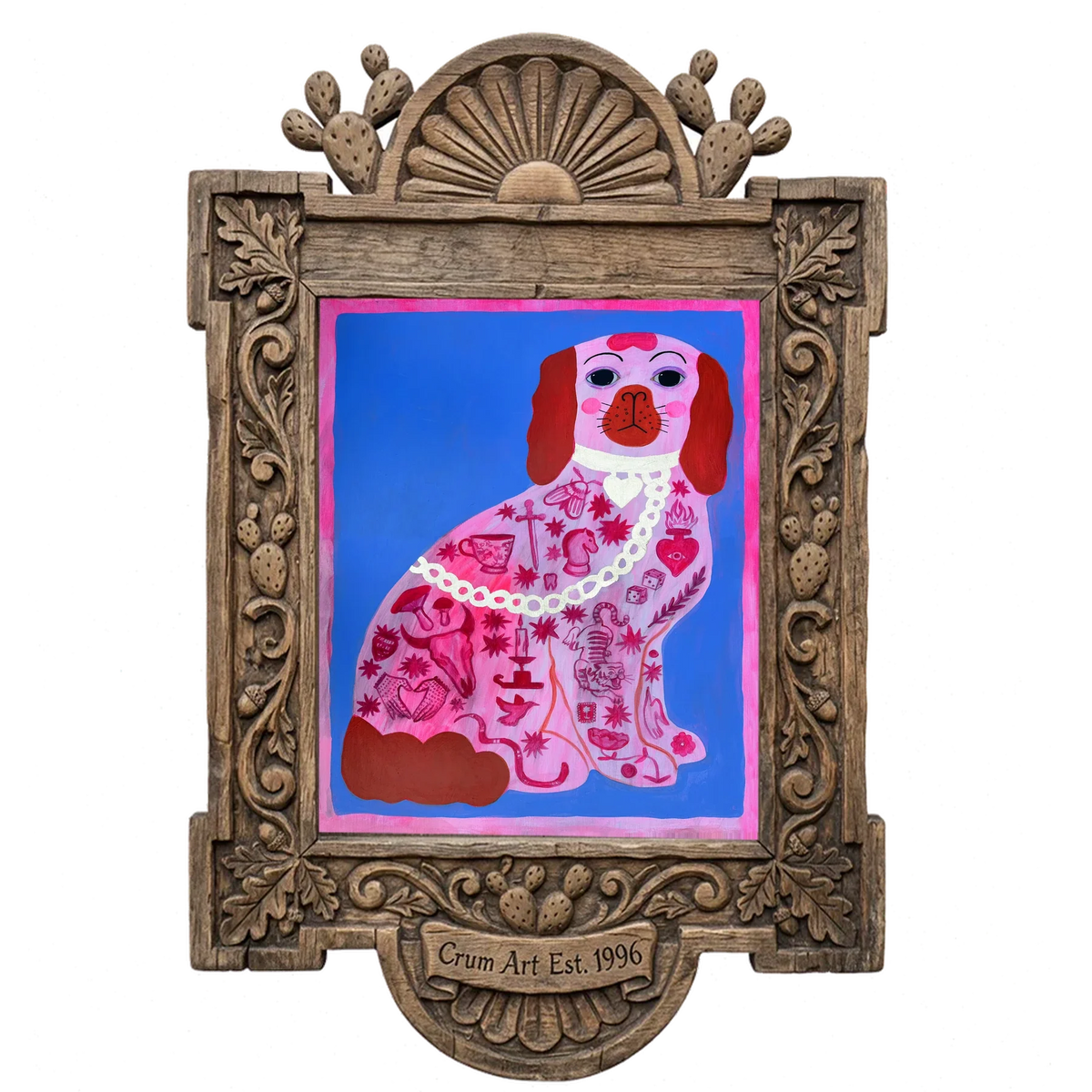 Pink Dog Tattoo — dog art print by Caya Crum in a carved wood frame
