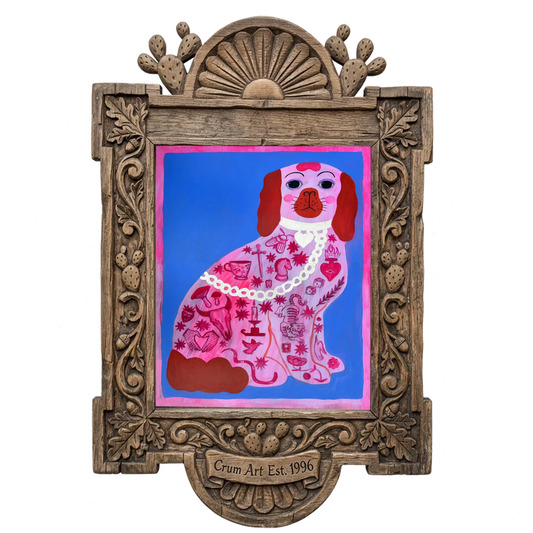 Pink Dog Tattoo — dog art print by Caya Crum in a carved wood frame