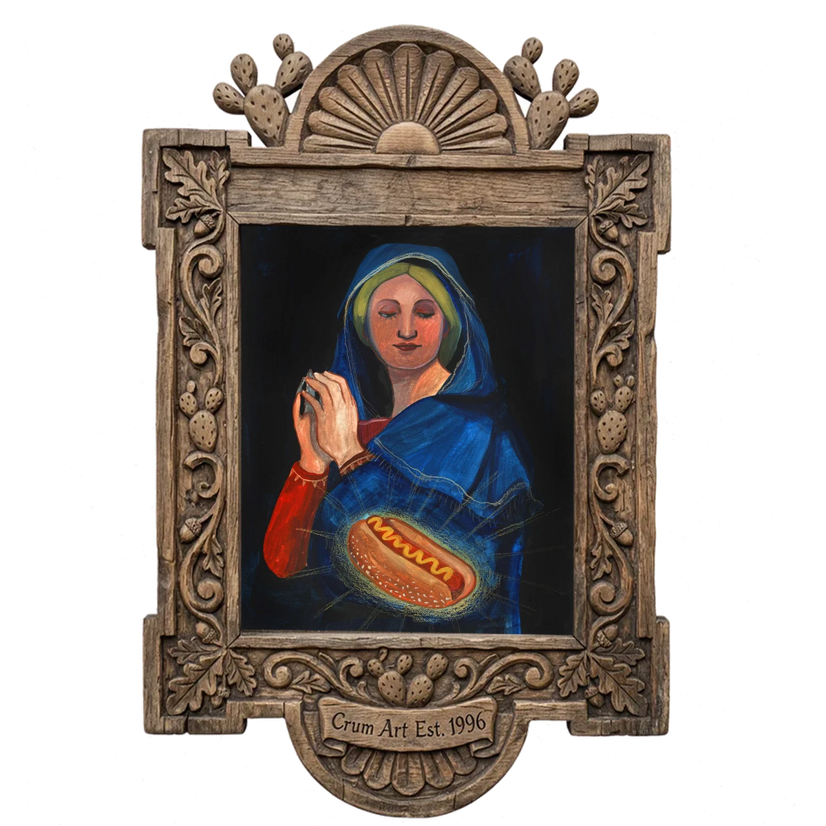 Old Masters Hot Dog — kitchen art print by Caya Crum in a carved wood frame