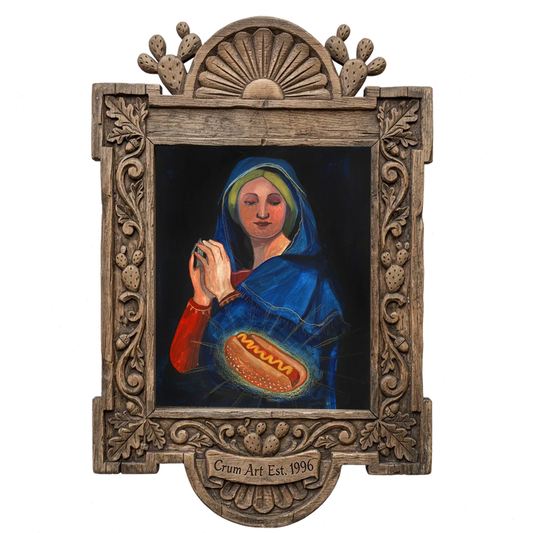 Old Masters Hot Dog — kitchen art print by Caya Crum in a carved wood frame