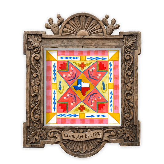 Bluebonnet Quilt Square — bluebonnet painting as a quilt art print by Caya Crum, in a carved wood frame
