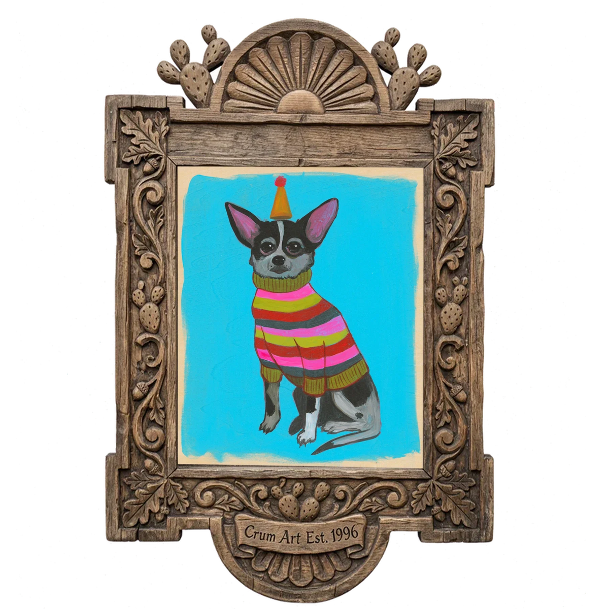 Chihuahua in a Party Hat — dog art print by Caya Crum in a carved wood frame