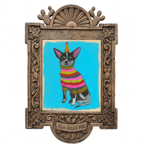 Chihuahua in a Party Hat — dog art print by Caya Crum in a carved wood frame