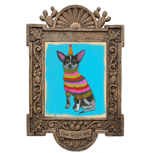 Chihuahua in a Party Hat — dog art print by Caya Crum in a carved wood frame