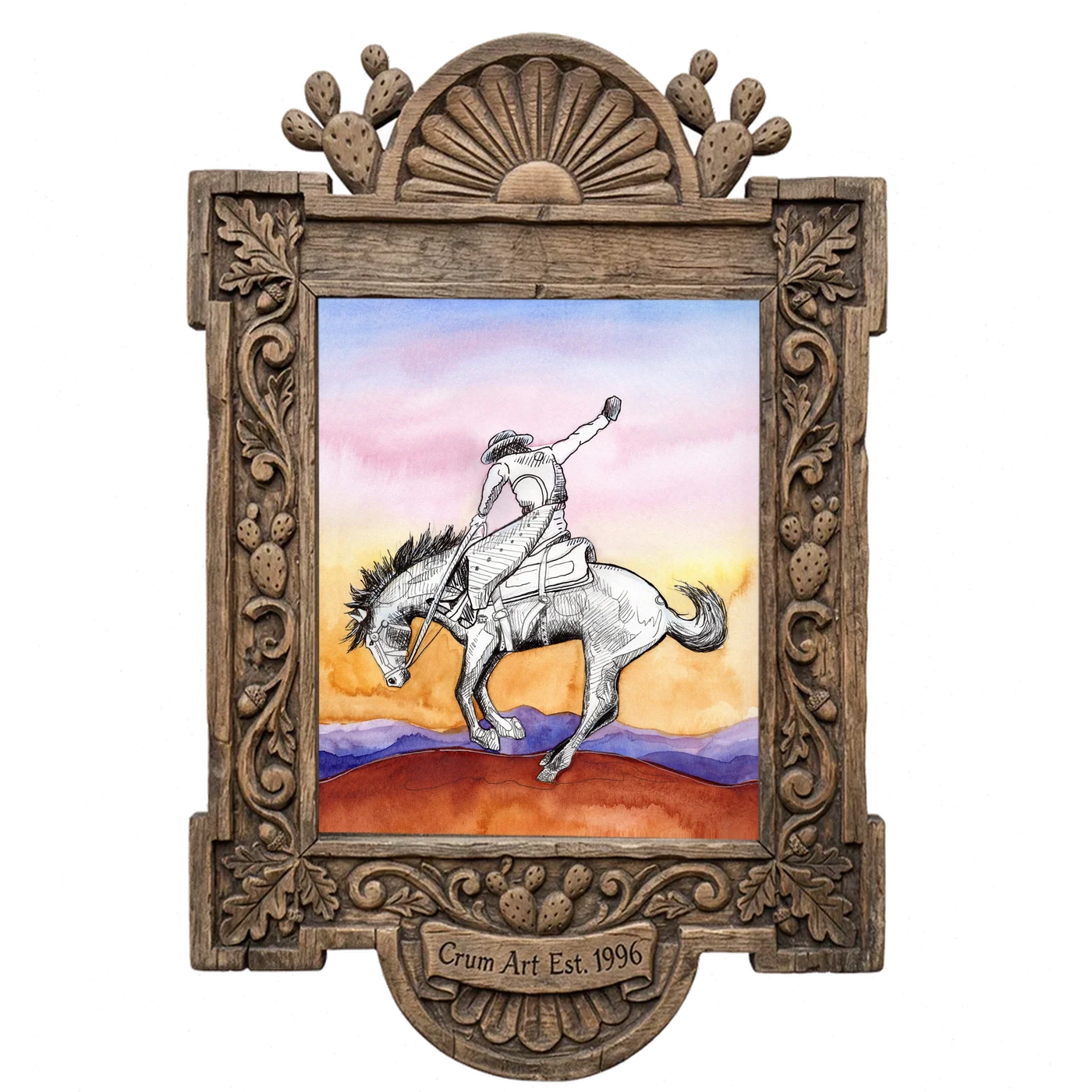 Bronc Buster Sunset — western art print by Caya Crum in a carved wood frame