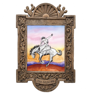 Bronc Buster Sunset — western art print by Caya Crum in a carved wood frame