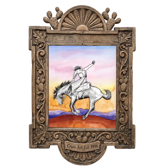 Bronc Buster Sunset — western art print by Caya Crum in a carved wood frame