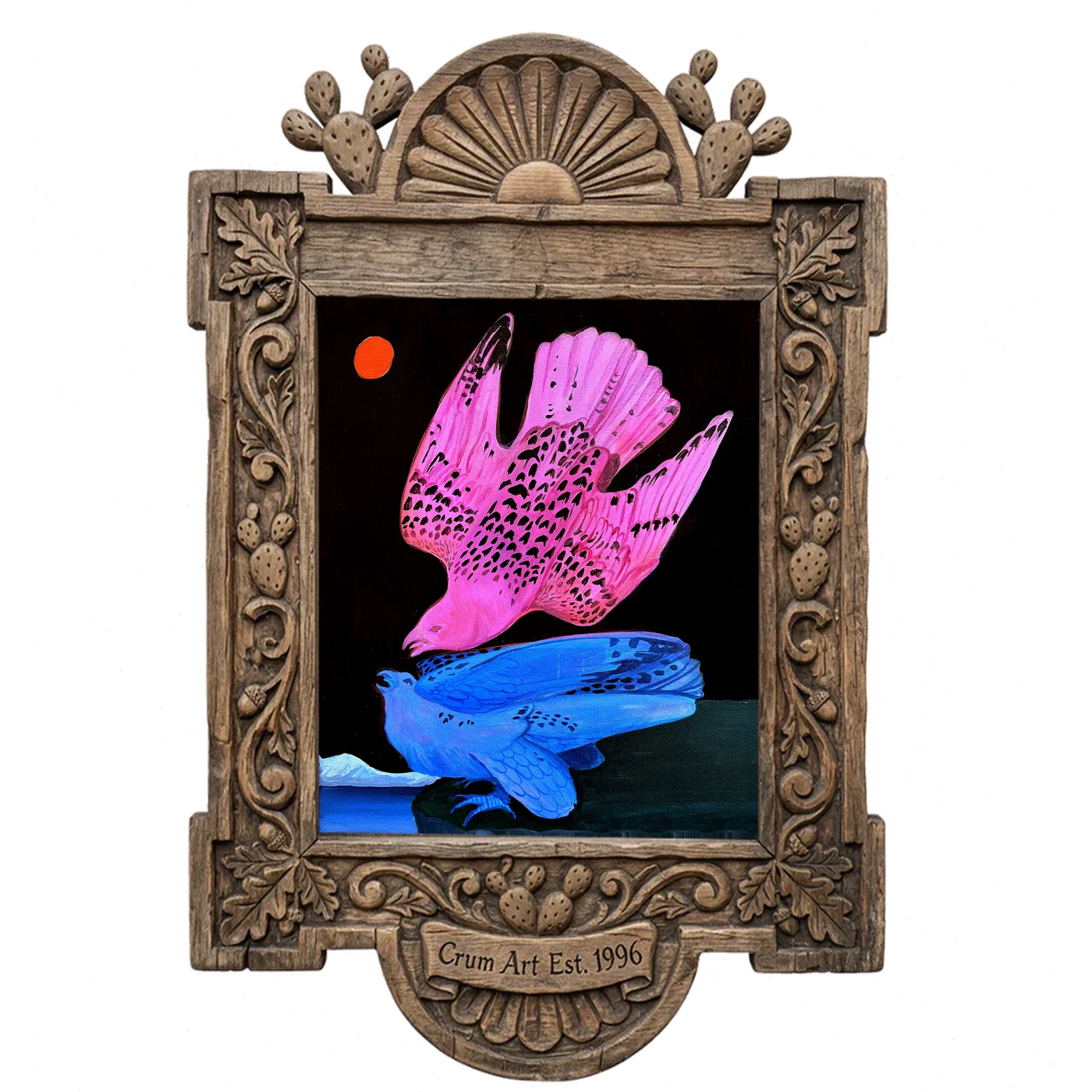 Pink & Blue Birds at Night — bird art print by Caya Crum in a carved wood frame