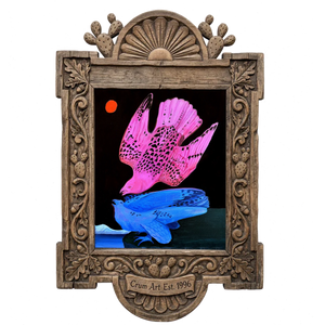 Pink & Blue Birds at Night — bird art print by Caya Crum in a carved wood frame