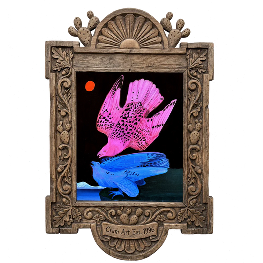 Pink & Blue Birds at Night — bird art print by Caya Crum in a carved wood frame