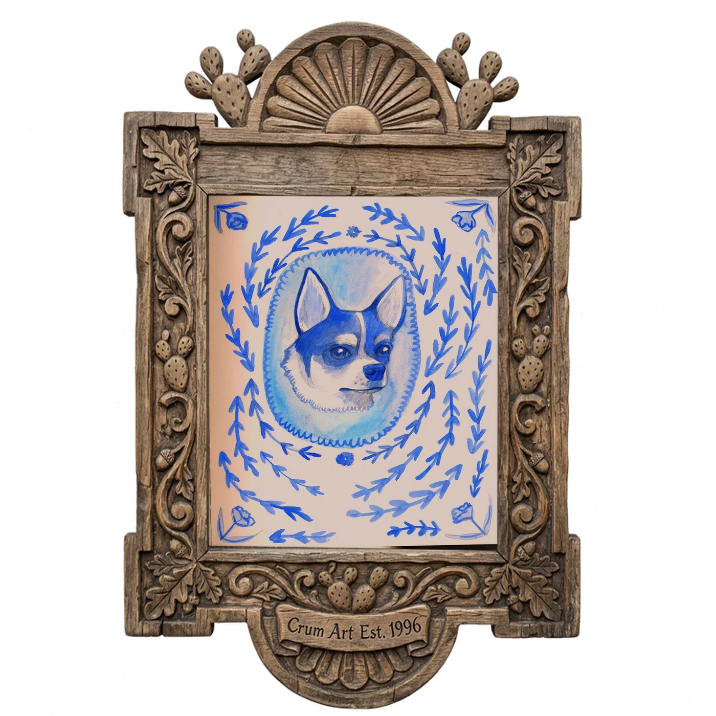 Edith Dare the Chihuahua — dog art print by Caya Crum in a carved wood frame