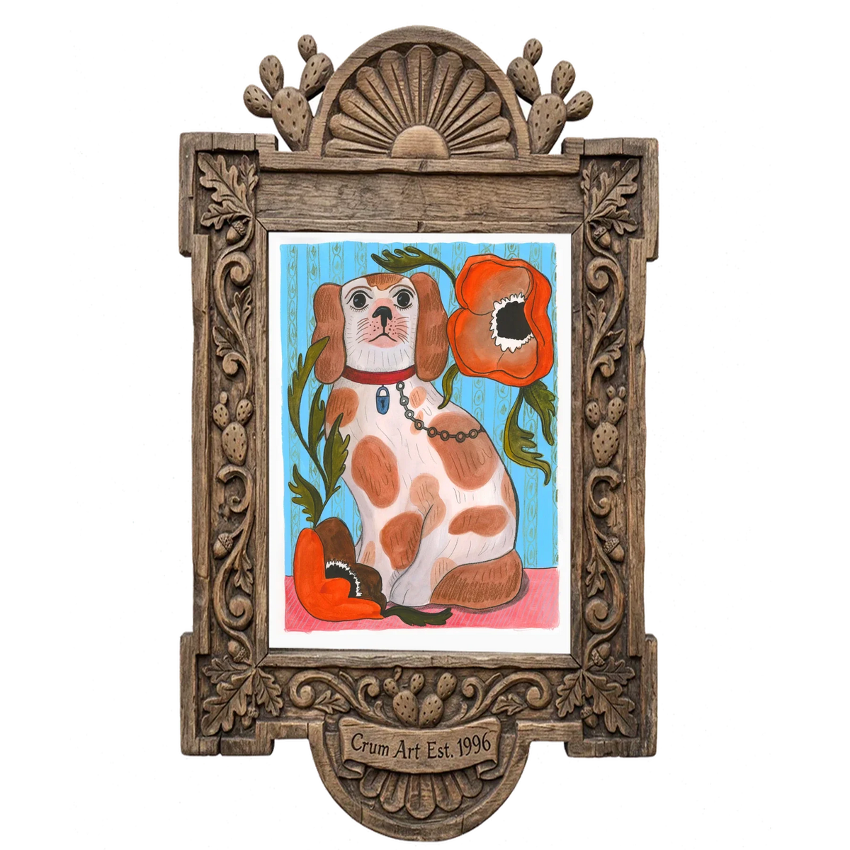 Smoking Cowboy Cavalier — dog art print by Caya Crum in a carved wood frame