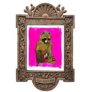 Jiff Raccoon — weirdcore art print by Caya Crum in a carved wood frame