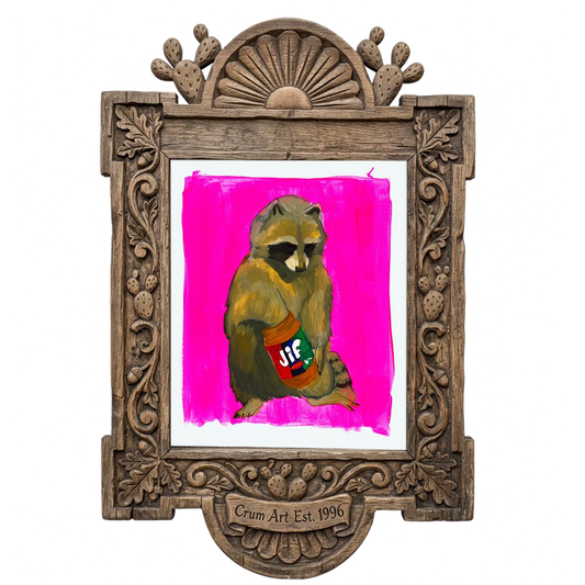 Jiff Raccoon — weirdcore art print by Caya Crum in a carved wood frame