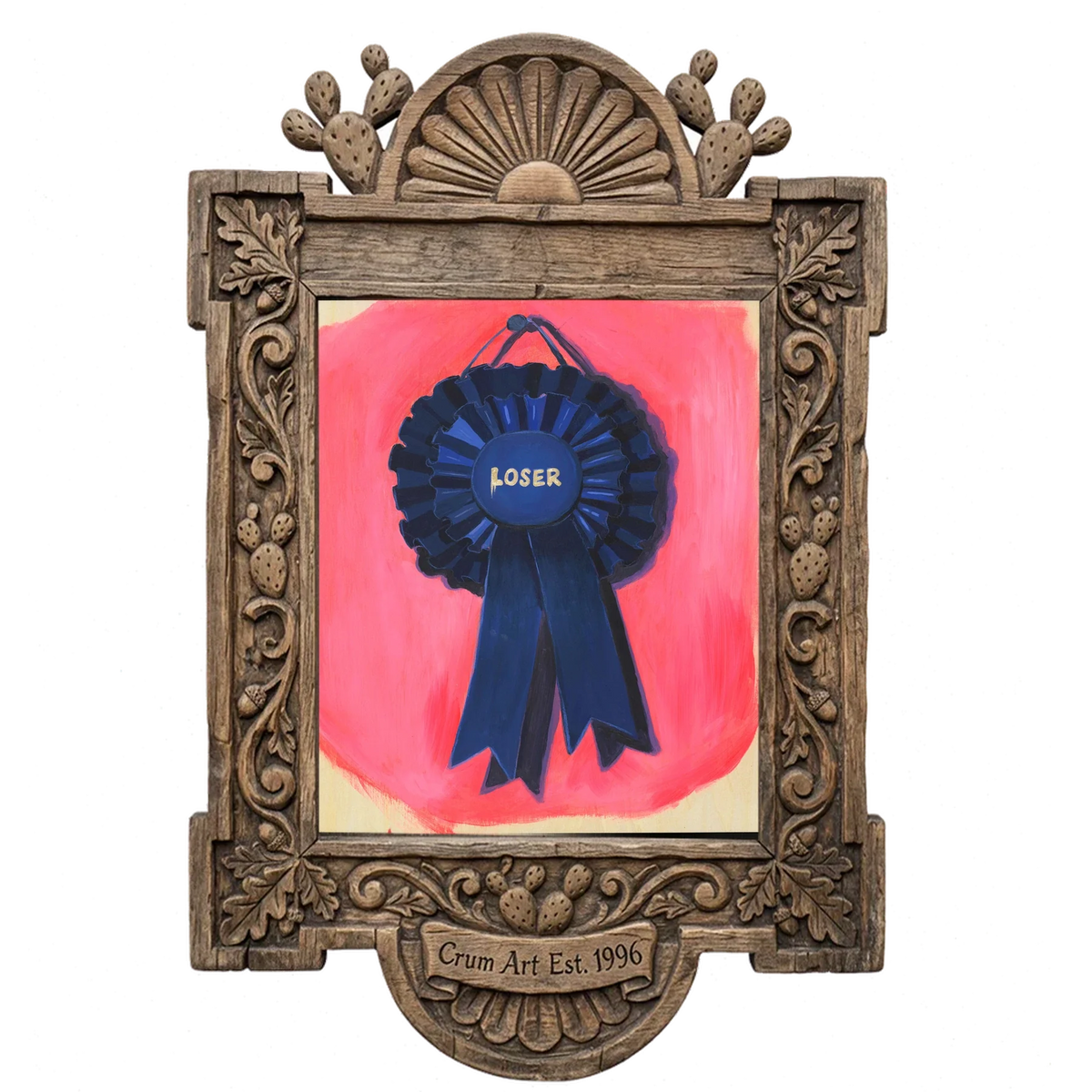 Loser Blue Ribbon — funny art print by Caya Crum in a carved wood frame