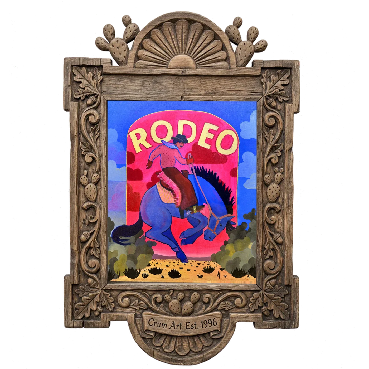 Rodeo Sign Bronco Buster — art print in a carved wood frame, Crum Art