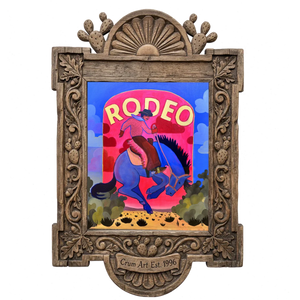 Rodeo Sign Bronco Buster — rodeo art print by Caya Crum in a carved wood frame