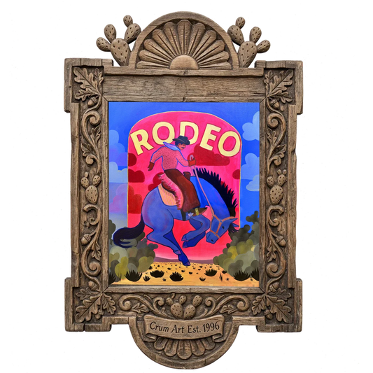 Rodeo Sign Bronco Buster — rodeo art print by Caya Crum in a carved wood frame