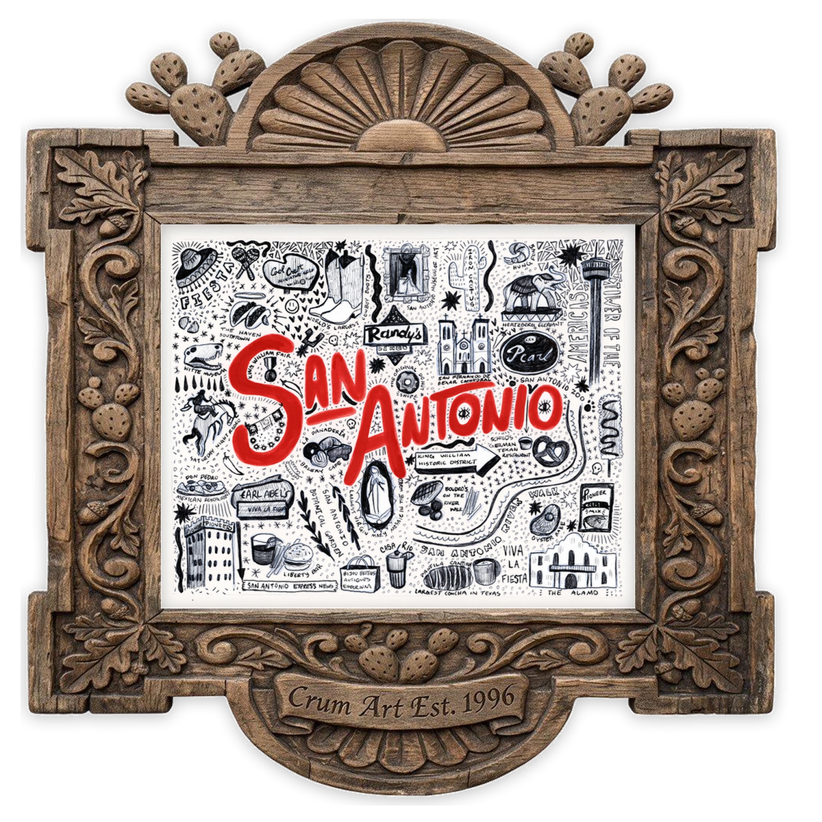 Icons Pen & Ink — San Antonio art print by Caya Crum in a horizontal carved wood frame
