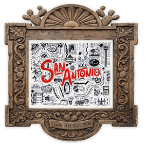 Icons Pen & Ink — San Antonio art print by Caya Crum in a horizontal carved wood frame