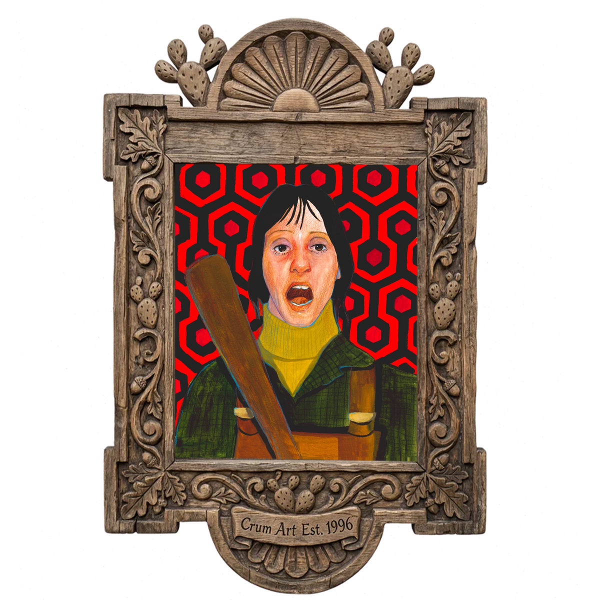 Shelley Duvall as Wendy — unsettling icons print by Caya Crum in a carved wood frame