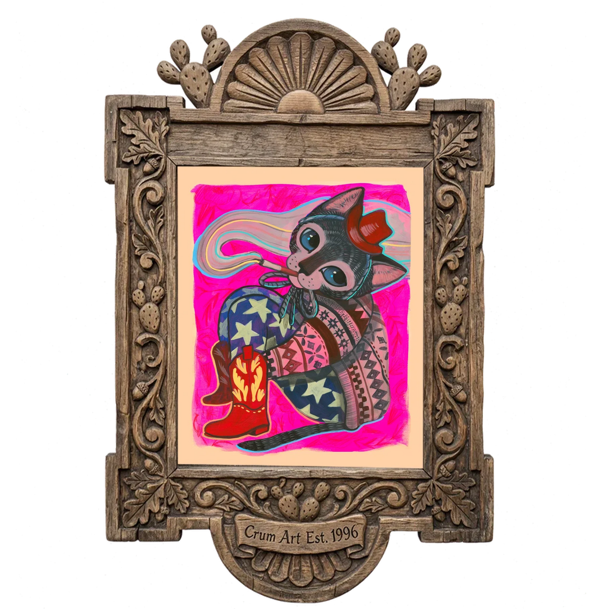 Rosie Cowgirl Cat — cat art print by Caya Crum in a carved wood frame