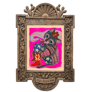 Rosie Cowgirl Cat — cat art print by Caya Crum in a carved wood frame