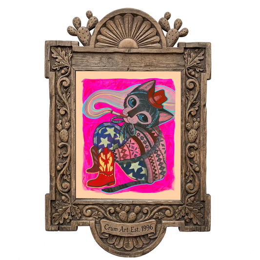 Rosie Cowgirl Cat — cat art print by Caya Crum in a carved wood frame