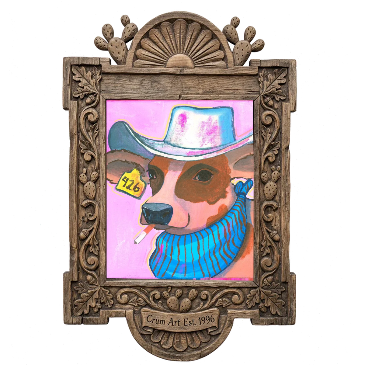 Hazel — cow art print by Caya Crum in a carved wood frame