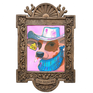 Hazel — cow art print by Caya Crum in a carved wood frame