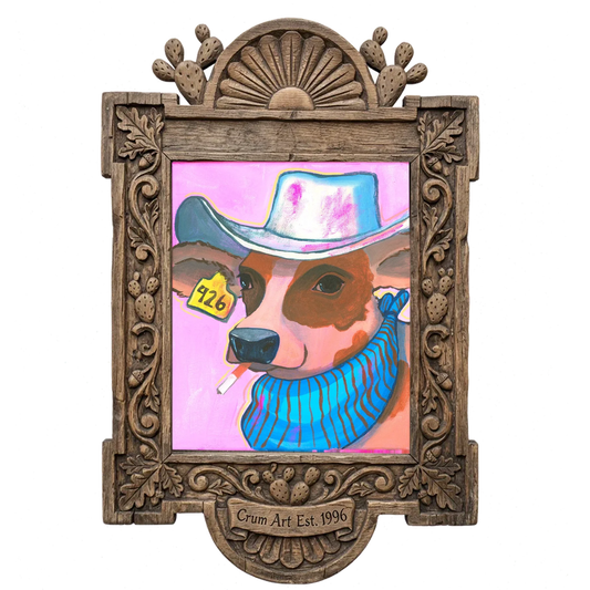 Hazel — cow art print by Caya Crum in a carved wood frame