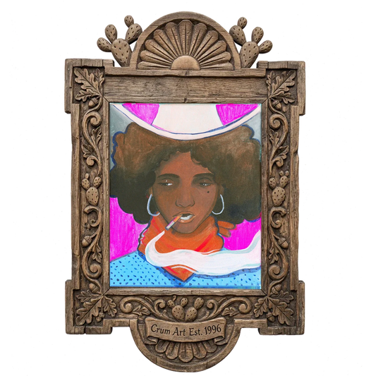 Dorothy — cowgirl art print by Caya Crum in a carved wood frame