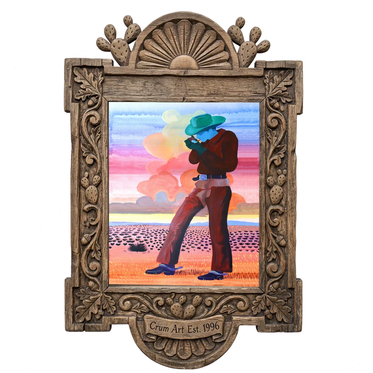 Jack Sunset — cowboy art print by Caya Crum in a carved wood frame