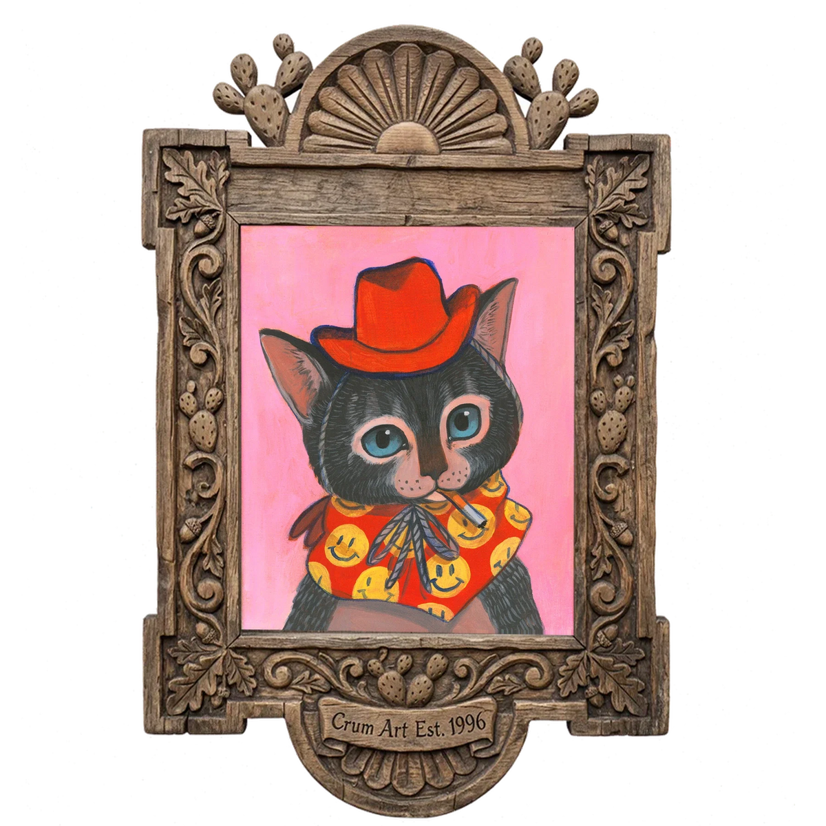 Smokey the Cowboy Cat — cat art print by Caya Crum in a carved wood frame