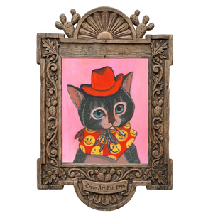 Smokey the Cowboy Cat — cat art print by Caya Crum in a carved wood frame