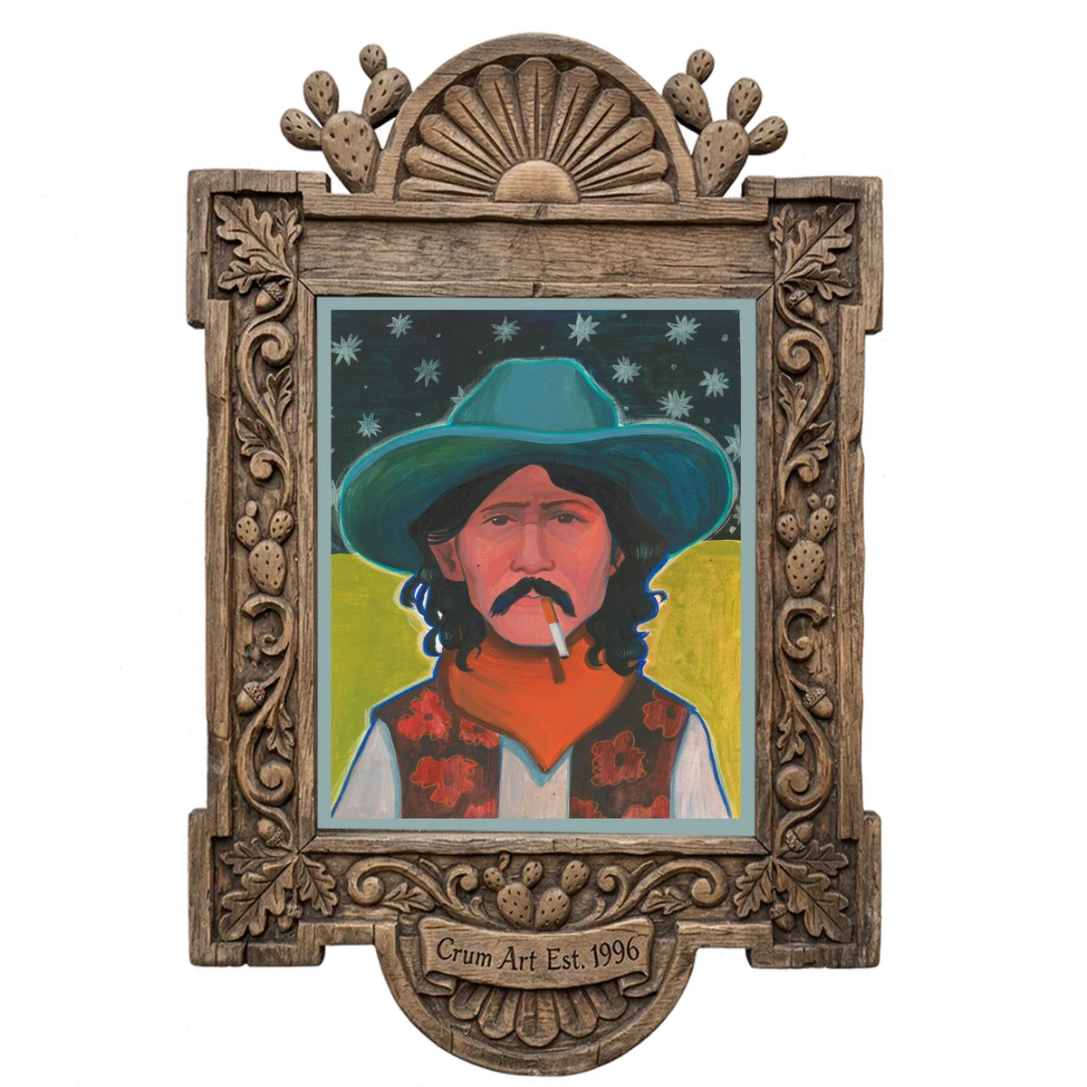 Hank — cowboy art print by Caya Crum in a carved wood frame