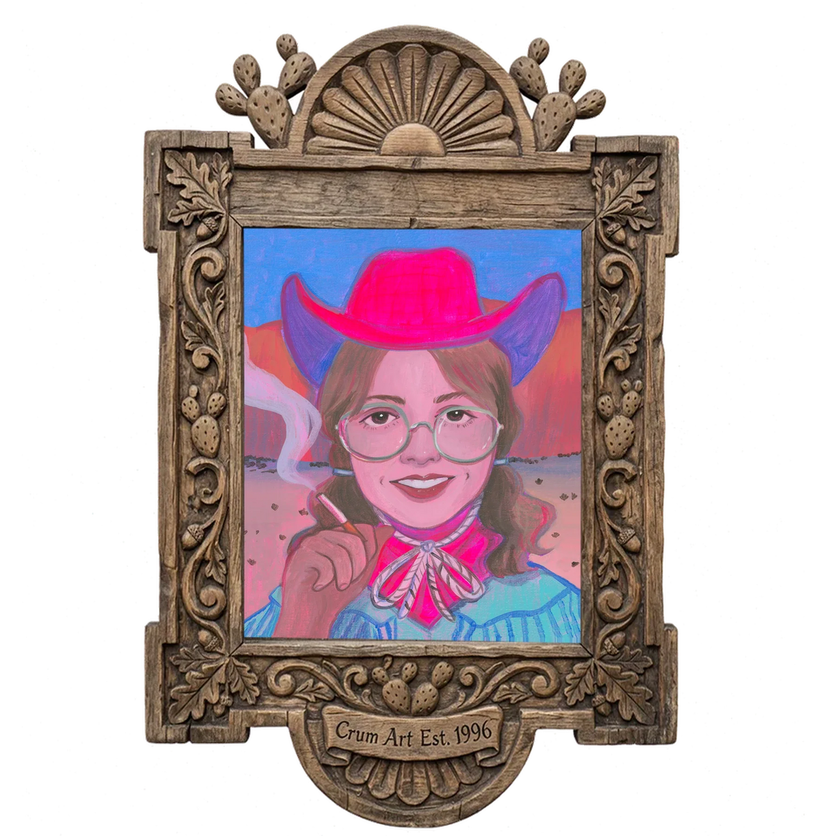 Hanna — cowgirl art print by Caya Crum in a carved wood frame