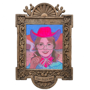 Hanna — cowgirl art print by Caya Crum in a carved wood frame