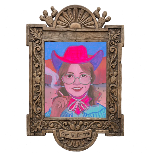 Hanna — cowgirl art print by Caya Crum in a carved wood frame
