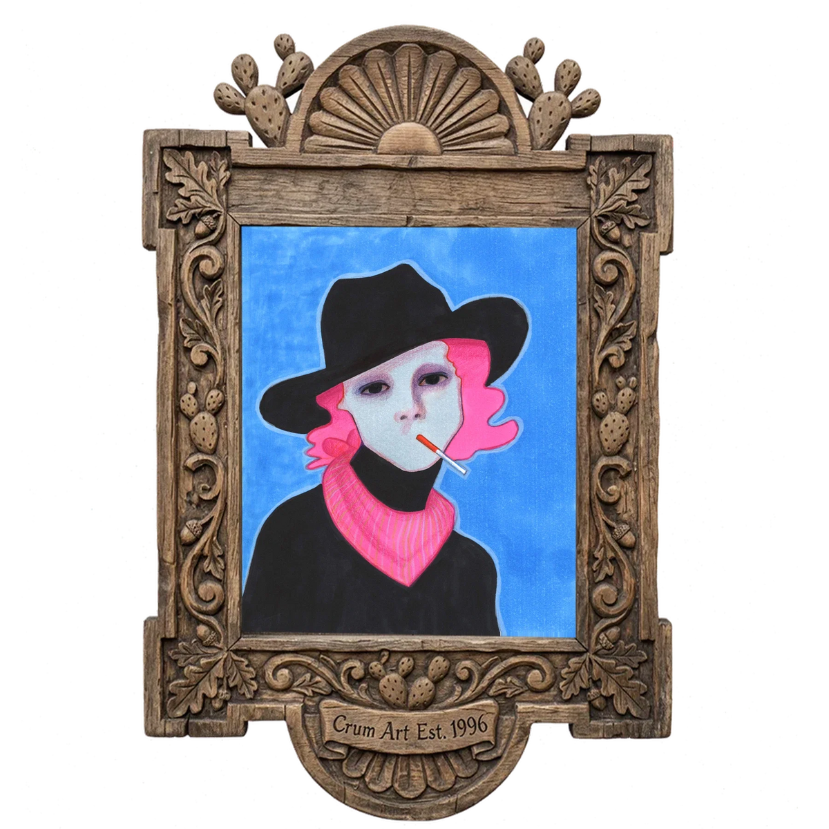 Billie — cowgirl art print by Caya Crum in a carved wood frame