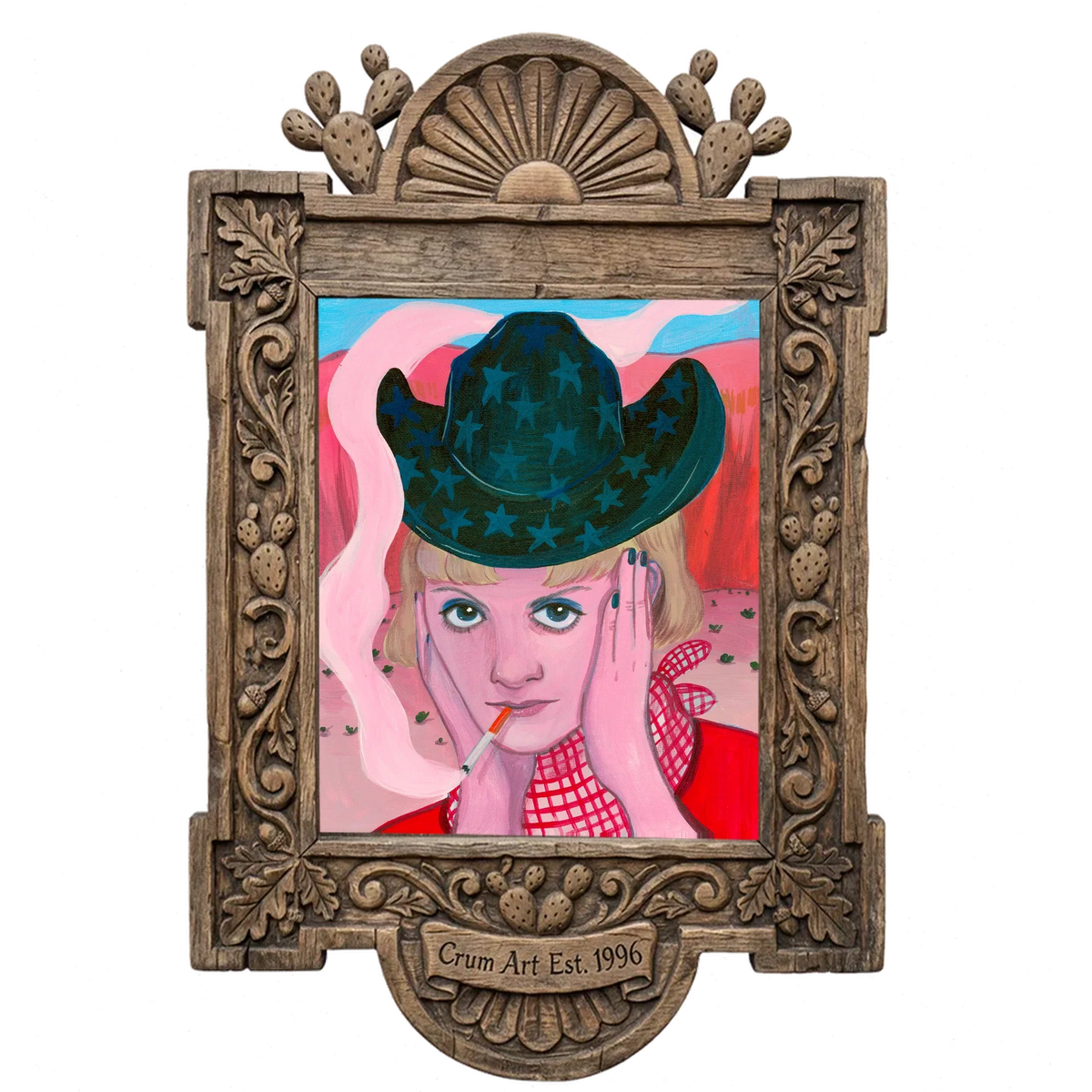 Emma — cowgirl art print by Caya Crum in a carved wood frame