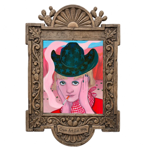 Emma — cowgirl art print by Caya Crum in a carved wood frame
