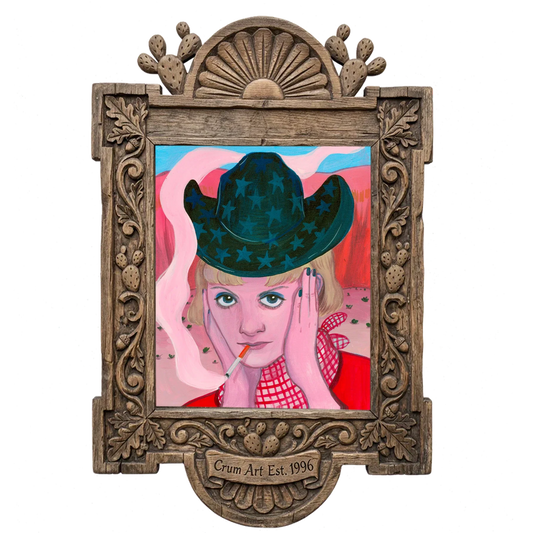 Emma — cowgirl art print by Caya Crum in a carved wood frame